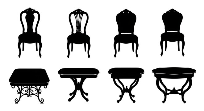 Elegant antique furniture silhouettes including ornate chairs and tables in a black and white design