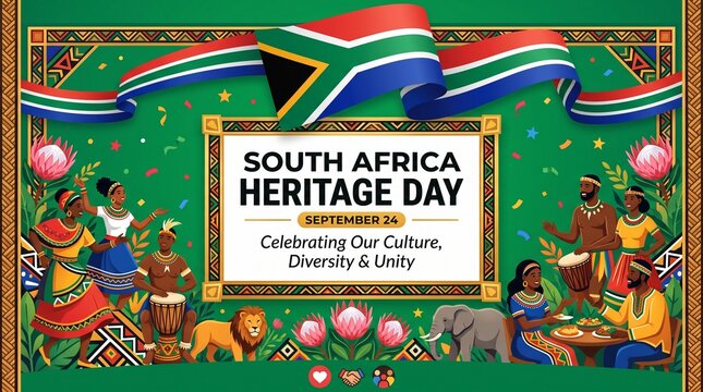 Colorful South Africa Heritage Day vector banner with national flag, traditional dancers, drums, protea flowers, and wildlife celebration graphics