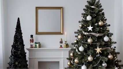 Naklejka premium Christmas tree adorned with gold and white ornaments beside a festive fireplace mantel.
