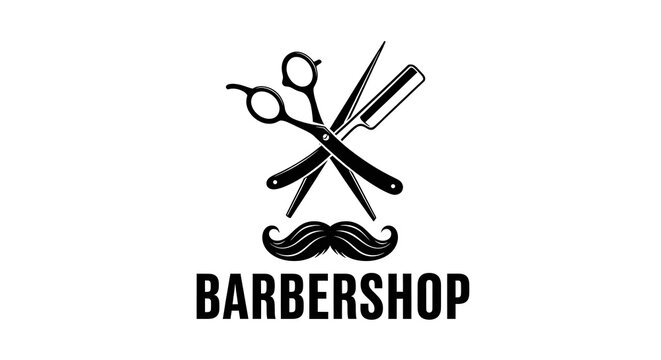 Vintage barber tools illustration with crossed scissors comb mustache and classic barbershop lettering