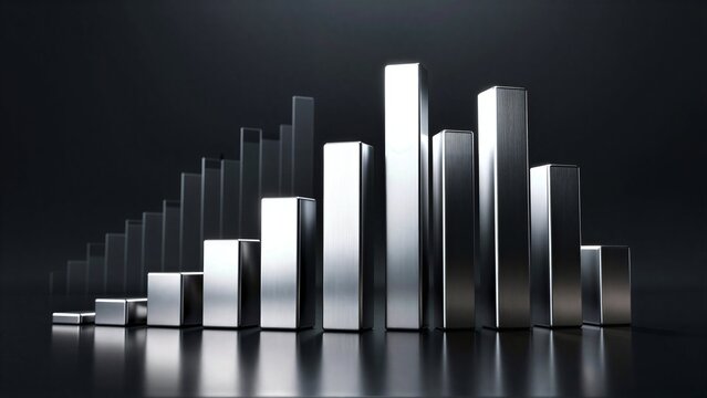 Shiny metallic bars rise against dark background, symbolizing growth and success.