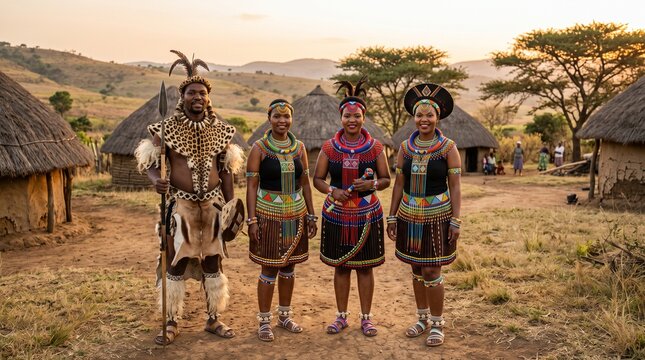 Group of South African Zulu people wearing colorful traditional beadwork and leopard skin attire standing outdoors in front of village huts