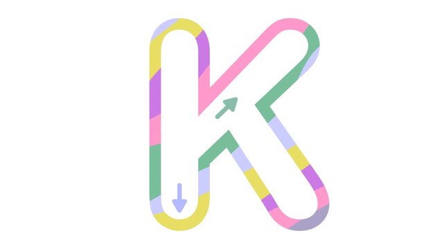 Capital letter K writing animation with direction arrows on a white background. Educational video asset for kids, preschool, and kindergarten students learning handwriting, alphabet tracing, and ABCs.