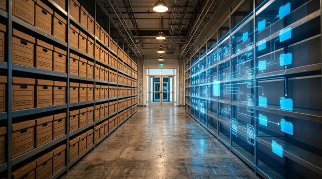 An industrial storage room filled with cardboard boxes on shelves integrated with floating blue digital folder icons indicating cloud storage.