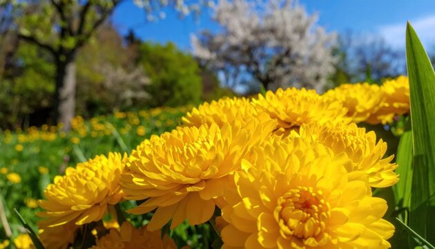Yellow spring flowers blooming in sunny garden under blue sky