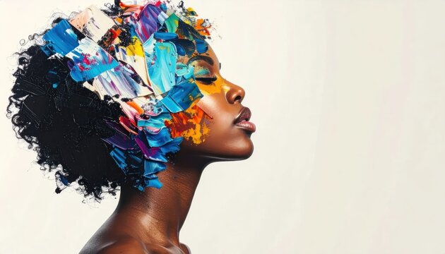Black woman with vibrant palette knife oil paint in hair