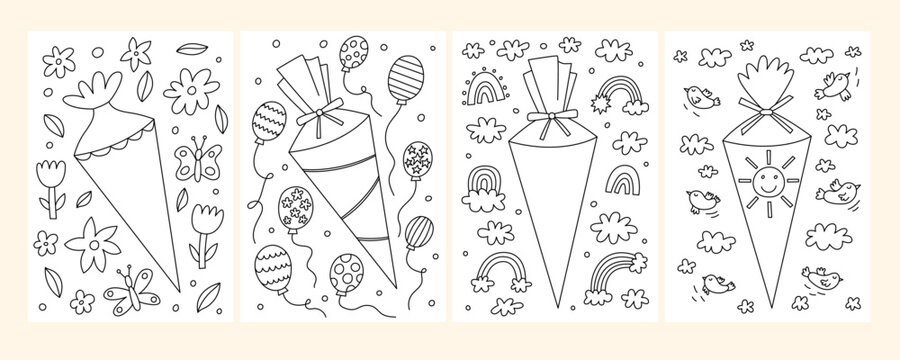 School Cone Coloring Page Set. German Candy Cone Coloring Book Kit. Outline School Start Children Collection. Back to School Vector Template for Coloring Drawing