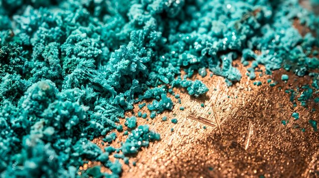 Turquoise mineral crystals on copper ore, raw verdigris patina texture, macro shot of oxidized metal and blue mineral deposits