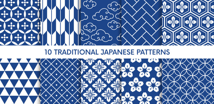 Japanese patterns, seamless Japan backgrounds. Geometric textures, Japanese style designs, oriental ornaments. Japan seamless patterns, blue geometry, Asian backgrounds. Vector illustrations
