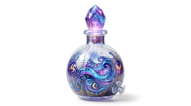 Glowing magic potion bottle with cosmic nebula liquid and crystal stopper on white background