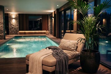 Obraz premium Indoor luxury swimming pool relaxation area with lounge seating and potted plant in a high end spa