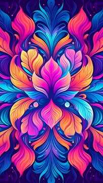 Vibrant abstract floral pattern with bright petals and leaves.