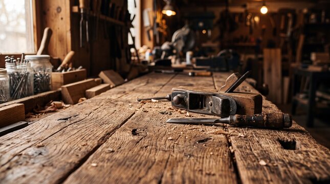 An old fashioned woodworking shop interior features well used aged tools and a timeworn wooden workbench in a softly lit atmosphere