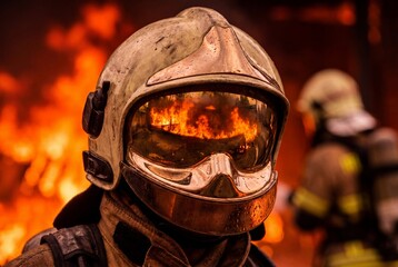 Fototapeta premium Firefighter Wearing Protective Helmet During Emergency Response to Intense Burning Blaze