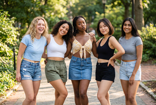 Diverse group of five young women smiling together outdoors