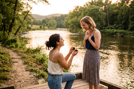 Same sex couple woman kneeling proposing with ring by river