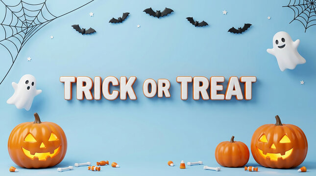 Halloween trick or treat pumpkins with bats and ghosts illustration