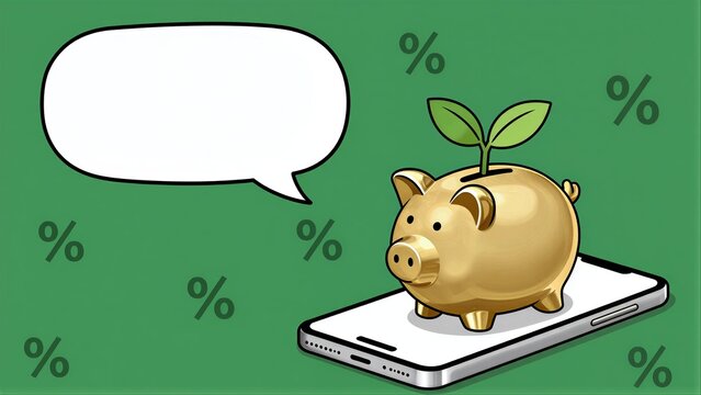 Piggy bank grows on phone screen, surrounded by percentage symbols and a speech bubble.