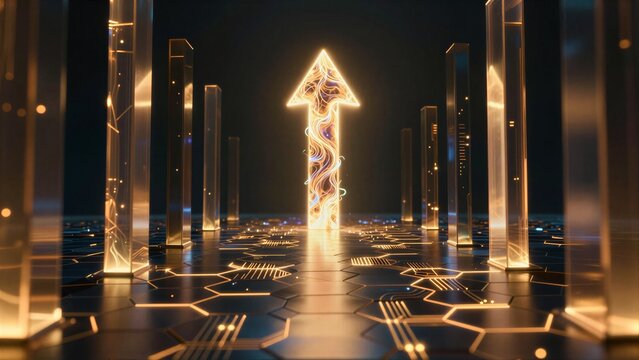Glowing arrow rises through futuristic, illuminated columns in a high-tech corridor.