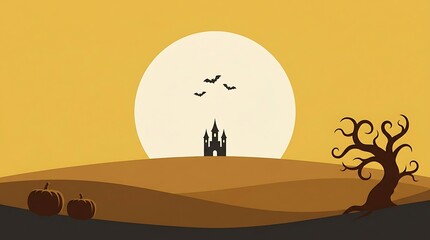 Naklejka premium Haunted castle silhouette at sunset with pumpkins and bats