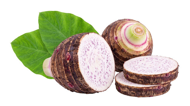 Sliced organic purple taro vegetable isolated on a transparent background