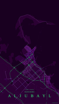 Dark neon road map of Al Jubayl (Al Jubail) in Eastern Province, Saudi Arabia, featuring glowing green major highways and purple urban street grids along the Persian Gulf coastline