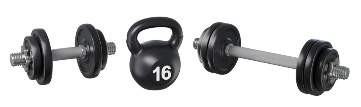 3d set of Black kettlebells isolated on background. Fitness training icons for home gyms, workouts, muscle building. 3d render
