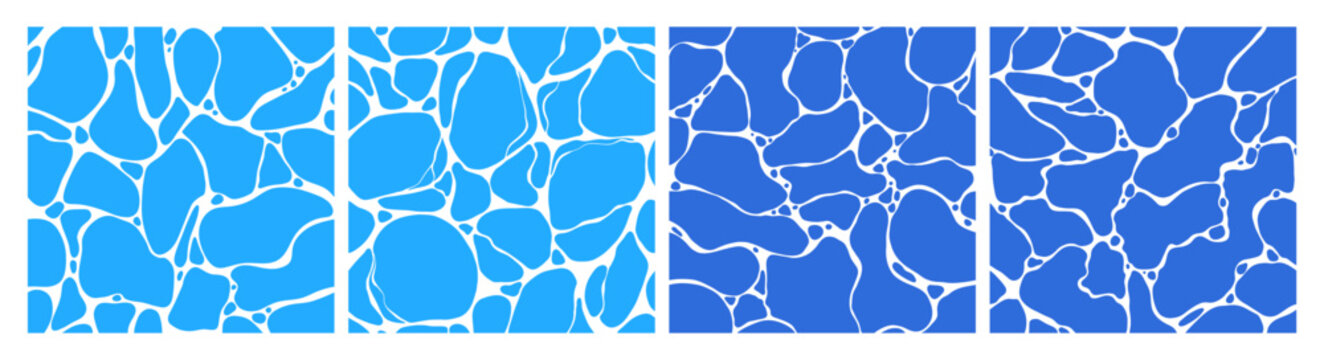Water patterns, sea backgrounds, textures. Water pool textures, seamless patterns. Sea surface, abstract blue aquatic background designs. Tropical beach print, top view. Flat vector illustrations