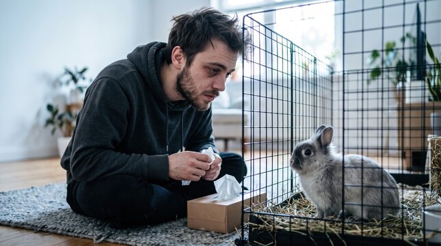 Young man suffering from sneezing and watery eyes while sitting next to his pet rabbit in a cage