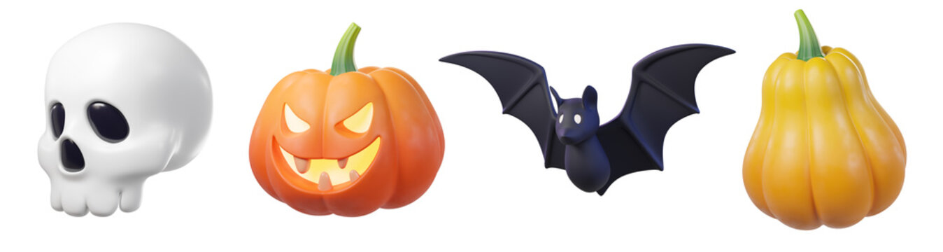 Halloween icons set, skull, jack-o-lantern, bat, and pumpkin. 3D illustrations for decorations, banners, and marketing campaigns.
