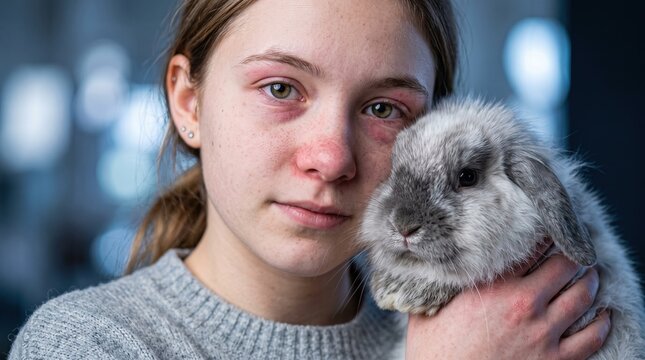 Young woman suffering from allergic reaction after holding a fluffy pet rabbit