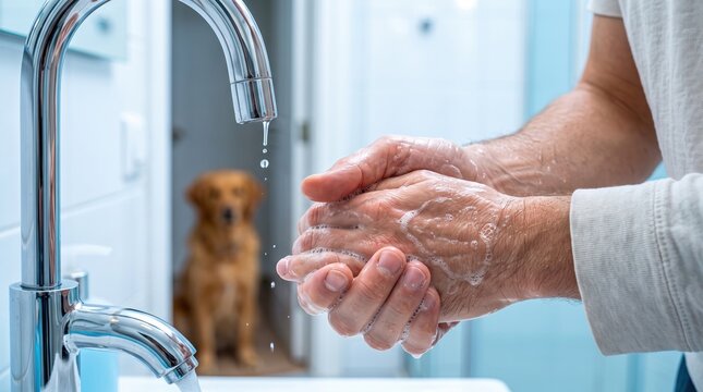 Man washing hands with soap in bathroom to remove dander and allergens after playing with his dog