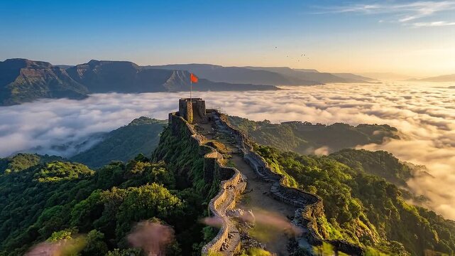 Timelapse of cloud inversion at Pratapgad Fort, one of the twelve forts of Maratha Military Landscapes of India, UNESCO World Heritage Site.