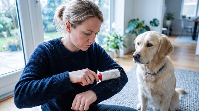 Woman removing dog hair from her sweater with a lint roller at home