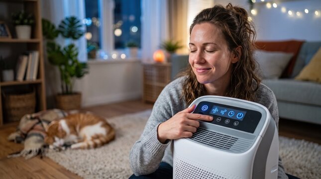 Woman using an air purifier at home to manage pet dander and improve indoor air quality