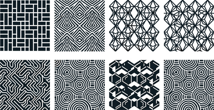 Abstract Geometric Seamless Pattern Vector Set with Monochrome Labyrinths Concentric Swirls Crystalline Structures Basketweave Block and Op Art Ribbon Textures for Modern Graphic Designs