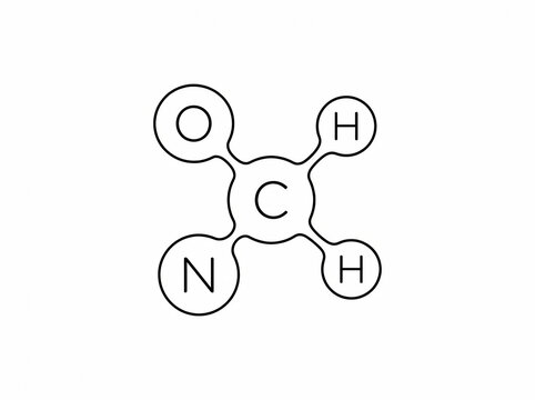 Clean black outline illustration depicting a molecular structure containing carbon, hydrogen, oxygen, and nitrogen atoms for scientific research and educational resources on a white background.