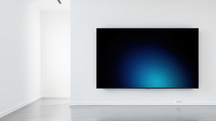 Fototapeta premium Minimalist interior features wallmounted television. Bright gradient display contrasts stark white walls, polished floor. Clean, modern aesthetic.