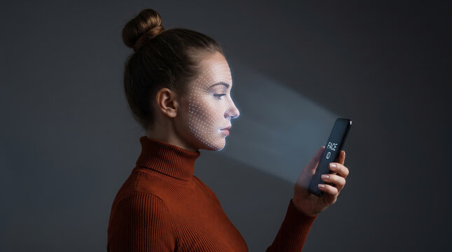 Biometric face scanner identity woman smartphone Biometric face scanner identity woman. Futuristic digital facial recognition system. identification verification id access, security protection