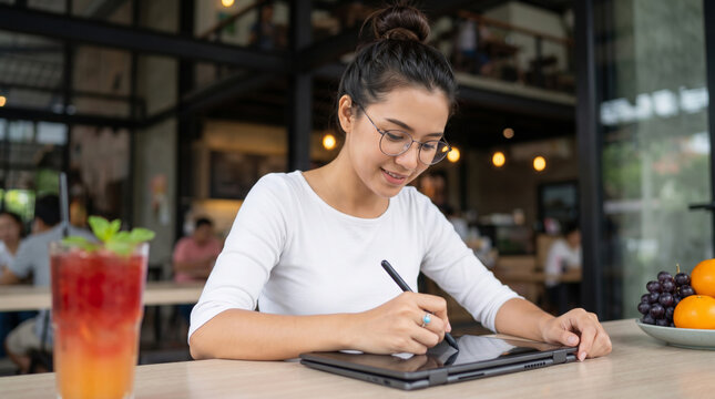 Working hybrid woman cafe tablet stylus glass smile eyeglass indoor working hybrid woman. remote flexible freelance work. online home office workplace, employee job management, communication form