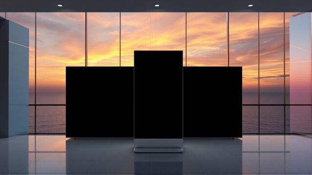 Modern room features blank screens facing large window. Sunset visible beyond glass, creating dramatic lighting effect. Minimalist design.