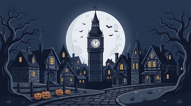 Haunted london clock tower with jack o lanterns under a full moon
