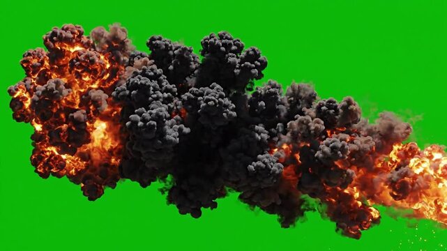 Fiery explosion with billowing dark smoke trail on green screen