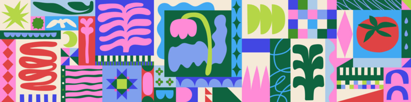 Abstract background with geometric patterns, modern shapes. Abstract pattern, collage composition with graphic shapes, spring flower, minimal curves, naive art geometry. Mosaic vector illustration