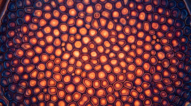 Microscopic biological cell structure, abstract organic pattern in orange and blue, glowing molecular texture for science background