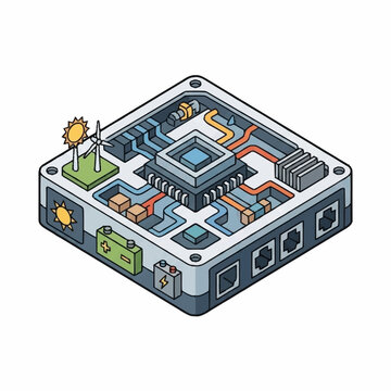 Isometric illustration of a modern computer motherboard with components.