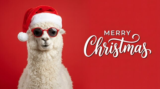 A festive alpaca wearing a santa hat and sunglasses wishes everyone a very merry christmas