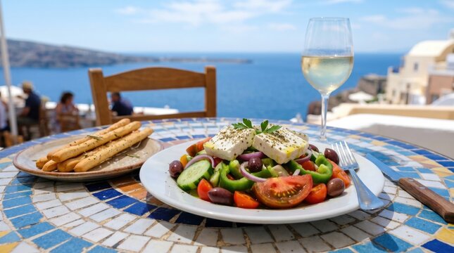 Greek salad with feta cheese, breadsticks and white wine on a mosaic table overlooking the blue sea and white buildings at Amalfi coast.
