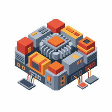 Isometric illustration of a modern data center with colorful servers.