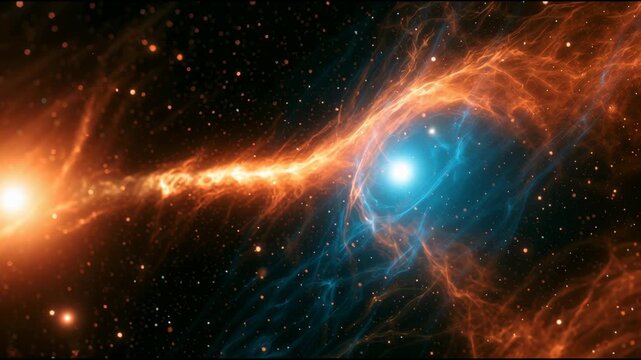 Stars move around each other in space with a glowing gas bridge that connects them, creating a captivating sight in the universe.